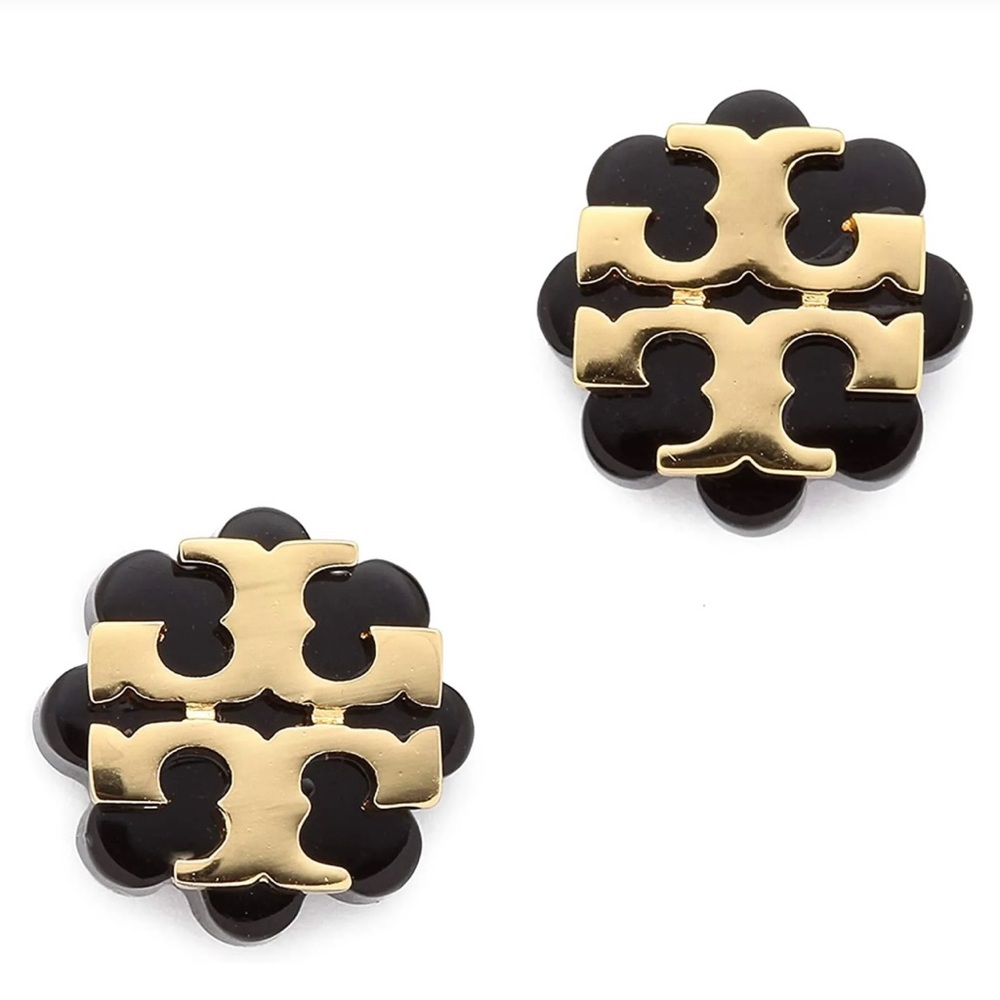 Tory Burch Women's Logo Flower Resin Stud Earrings Black/Gold